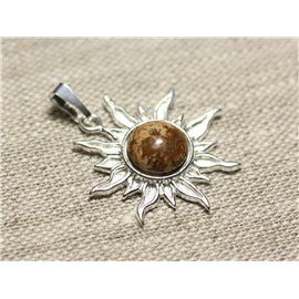 Pendant Silver 925 and Stone - Sun 28mm - Jasper Landscape Beige round 10mm 