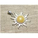 Pendentif Argent 925 et Pierre - Soleil 28mm - Ambre Jaune clair rond 10mm 