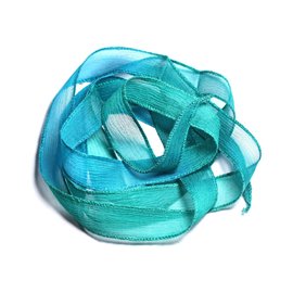 Handgeverfde Zijden Lint Ketting 130x1.8cm Blauw Groen Turquoise Pauw (SOIE128) - 8741140003071 