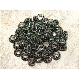 2pz - Perline tonde 11 mm fori grandi - Metallo argento rodiato e Strass di vetro verde - 4558550015532 