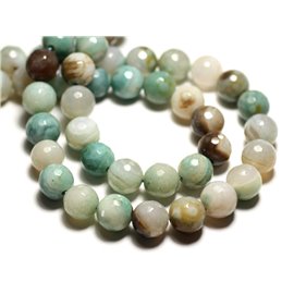 Thread 39cm approx 36pc - Stone Beads - Agate Green Turquoise White Beige Faceted Balls 10mm 