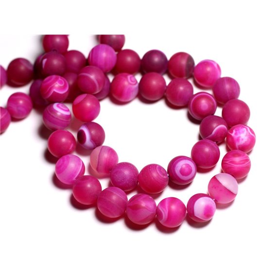 Fil 39cm 31pc env - Perles de Pierre - Agate Rose Fuchsia Mat givré Boules 12mm 