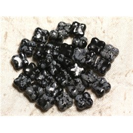 Thread 39cm 34pc approx - Stone Beads - Obsidian Flake Speckled Flower Clover 4 leaves 9-10mm 