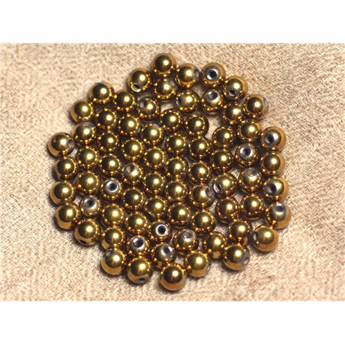 Fil 39cm 63pc env - Perles de Pierre - Hématite dorée Boules 6mm 