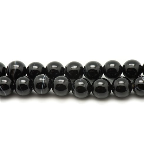 Fil 39cm 46pc env - Perles de Pierre - Agate Boules 8mm noir blanc