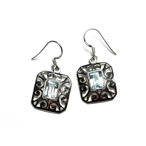 BO238 - Boucles d'Oreilles Argent 925 et Pierre - Rectangles Filigranes Arabesques 18mm Topaze Bleue 