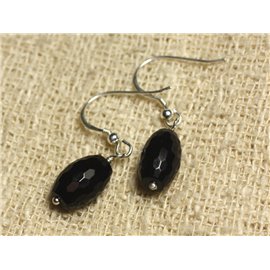 925 Silver Earrings - Black Onyx Faceted Olives 12x8mm 