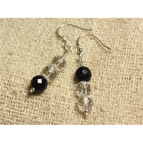 Boucles d'Oreilles Argent 925 - Onyx Noir et Cristal Quartz rondes Facettées 8mm 