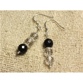 Boucles d'Oreilles Argent 925 - Onyx Noir et Cristal Quartz rondes Facettées 8mm 