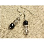 Boucles d'Oreilles Argent 925 - Onyx Noir et Cristal Quartz rondes Facettées 8mm 