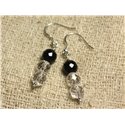 Boucles d'Oreilles Argent 925 - Onyx Noir et Cristal Quartz rondes Facettées 8mm 