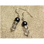 Boucles d'Oreilles Argent 925 - Onyx Noir et Cristal Quartz rondes Facettées 8mm 