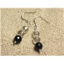 Boucles d'Oreilles Argent 925 - Onyx Noir et Cristal Quartz rondes Facettées 8mm 