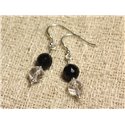 Boucles d'Oreilles Argent 925 - Onyx Noir et Cristal Quartz rondes Facettées 8mm 