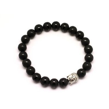 Bracelet Bouddha et Pierre semi précieuse - Onyx noir mat givré Ligne 8mm 