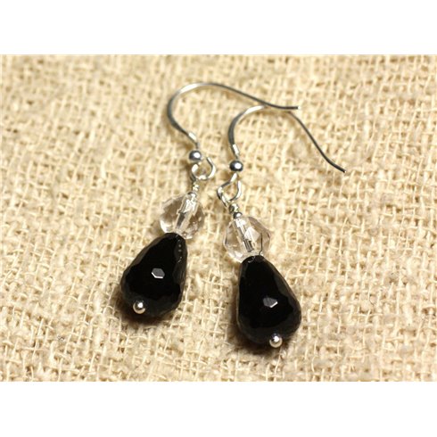 Boucles d'Oreilles Argent 925 - Onyx Noir Gouttes Facettées 12x8mm et Cristal Facetté 6mm 