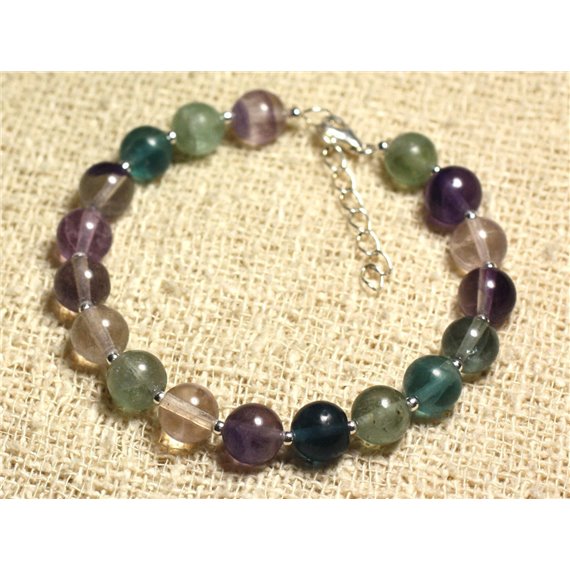 Bracelet Argent 925 et Pierre semi précieuse - Fluorite Multicolore 8mm