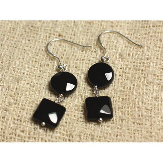 Boucles d'Oreilles Argent 925 - Onyx Noir Palets et Carrés facettés 10mm 