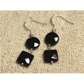 925 Silver Earrings - Black Onyx Faceted Palets and Squares 10mm 