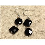 Boucles d'Oreilles Argent 925 - Onyx Noir Palets et Carrés facettés 10mm 