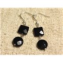 Boucles d'Oreilles Argent 925 - Onyx Noir Palets et Carrés facettés 10mm 