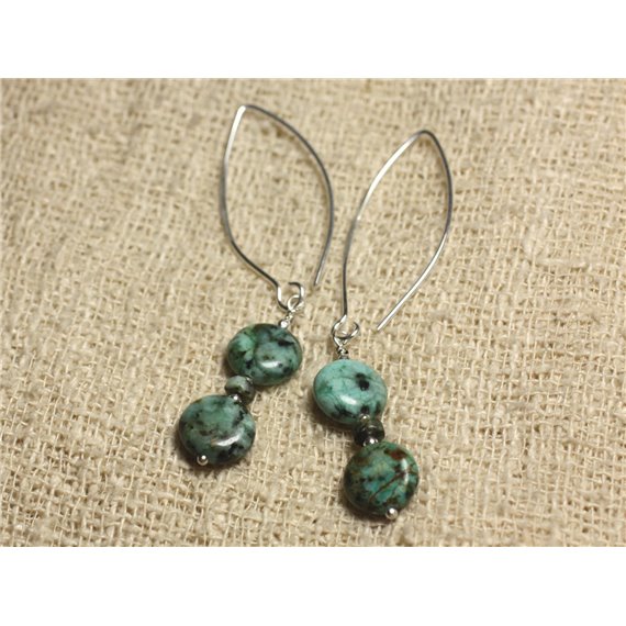 Boucles d'Oreilles Argent 925 Crochets 40mm - Turquoise d'Afrique Palets 10mm 