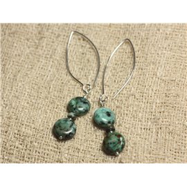 Boucles oreilles Crochets 40mm Argent 925 et Pierre Turquoise Afrique Palets 12mm N2