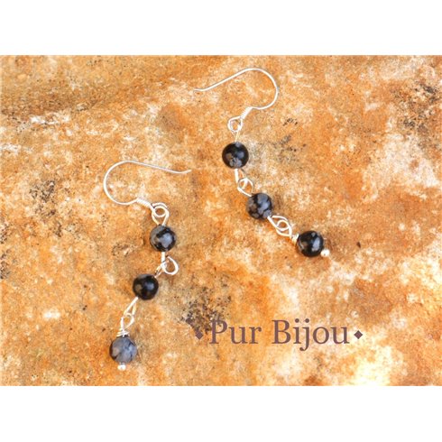 Boucles d'Oreilles Argent 925 et Obsidienne Flocon 4mm