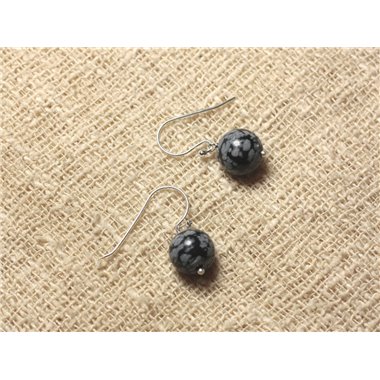 Boucles d'Oreilles Argent 925 et Pierre - Obsidienne Flocon 10mm 