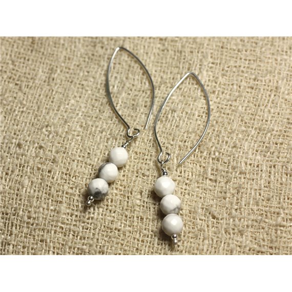 Boucles d'Oreilles Argent 925 Crochets 40mm - Howlite Facettée 6mm 