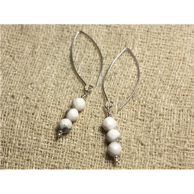 Boucles d'Oreilles Argent 925 Crochets 40mm - Howlite Facettée 6mm 