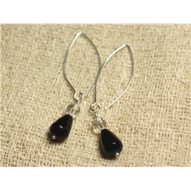 40mm Sterling Silver Hook Earrings - Black Onyx Faceted Drops 12x8mm and Faceted Crystal 6mm 