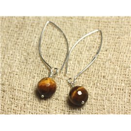 925 Silver Earrings 40mm Hooks - Faceted Tiger Eye 10mm 