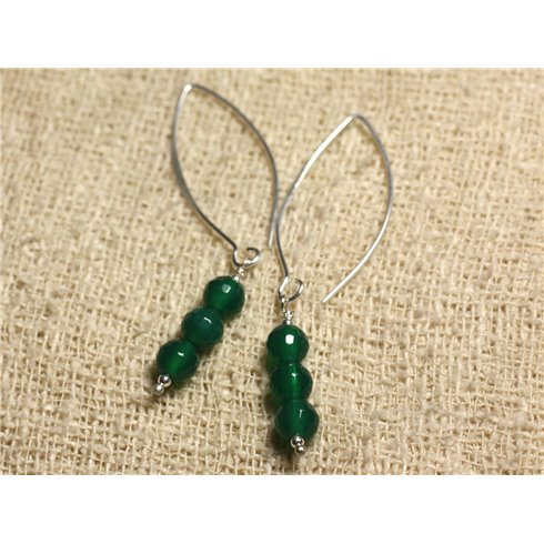 Boucles d'Oreilles Argent 925 Crochets 40mm - Onyx Vert Facetté 6mm 