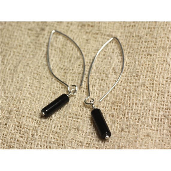 Boucles d'Oreilles Argent 925 Crochets 40mm - Onyx Noir Colonnes 13x4mm 