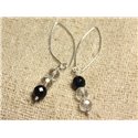 Boucles d'Oreilles Argent 925 Crochets 40mm - Onyx Noir et Cristal Quartz rondes Facettées 8mm 