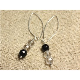 925 Silver Earrings 40mm Hooks - Black Onyx and Faceted Round Quartz Crystal 8mm 