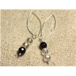 Boucles d'Oreilles Argent 925 Crochets 40mm - Onyx Noir et Cristal Quartz rondes Facettées 8mm 