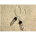 Boucles d'Oreilles Argent 925 Crochets 40mm - Onyx Noir et Cristal Quartz rondes Facettées 8mm 