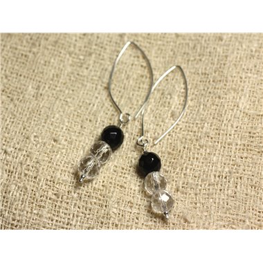 Boucles d'Oreilles Argent 925 Crochets 40mm - Onyx Noir et Cristal Quartz rondes Facettées 8mm 