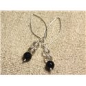 Boucles d'Oreilles Argent 925 Crochets 40mm - Onyx Noir et Cristal Quartz rondes Facettées 8mm 