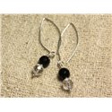 Boucles d'Oreilles Argent 925 Crochets 40mm - Onyx Noir et Cristal Quartz rondes Facettées 8mm 