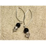 Boucles d'Oreilles Argent 925 Crochets 40mm - Onyx Noir et Cristal Quartz rondes Facettées 8mm 