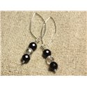 Boucles d'Oreilles Argent 925 Crochets 40mm - Onyx Noir et Cristal Quartz rondes Facettées 8mm 