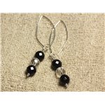 Boucles d'Oreilles Argent 925 Crochets 40mm - Onyx Noir et Cristal Quartz rondes Facettées 8mm 