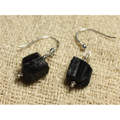 Boucles d'Oreilles Argent 925 - Tourmaline noire batonnets bruts 10-12mm 