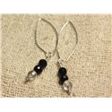 Boucles d'Oreilles Argent 925 Crochets 40mm - Onyx Noir et Cristal Quartz rondes Facettées 6mm 