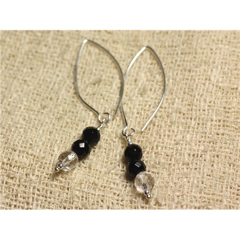 Boucles d'Oreilles Argent 925 Crochets 40mm - Onyx Noir et Cristal Quartz rondes Facettées 6mm 