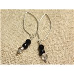 Boucles d'Oreilles Argent 925 Crochets 40mm - Onyx Noir et Cristal Quartz rondes Facettées 6mm 