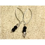 Boucles d'Oreilles Argent 925 Crochets 40mm - Onyx Noir et Cristal Quartz rondes Facettées 6mm 